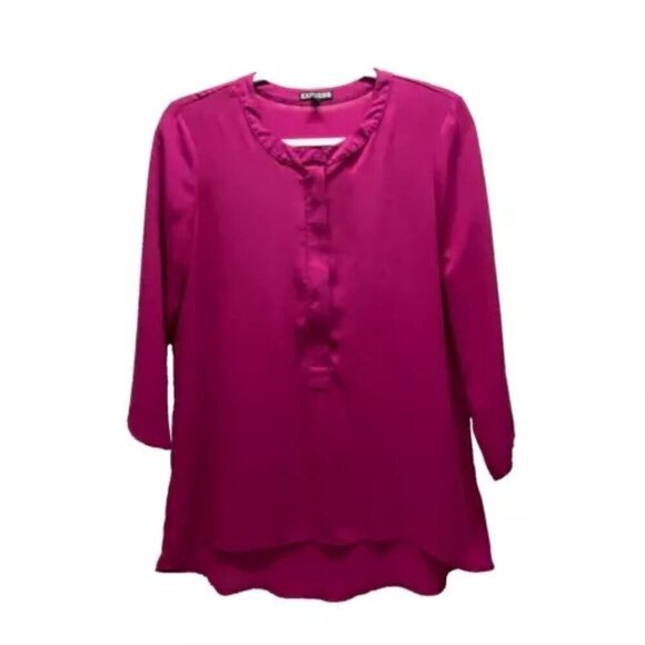 Express Half Zip Blouse Women's Medium Magenta Pink Loose Fit 3/4 Sleeve Tunic - Picture 1 of 10